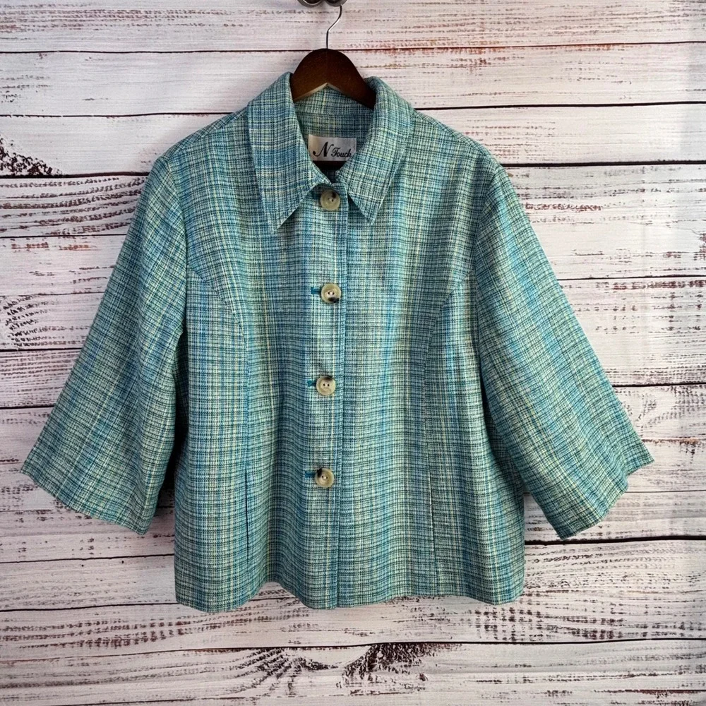 Vintage‎ Mod Coastal Grandmacore Tweed Jacket L Boxy Teal Blue Yellow Woven Poly